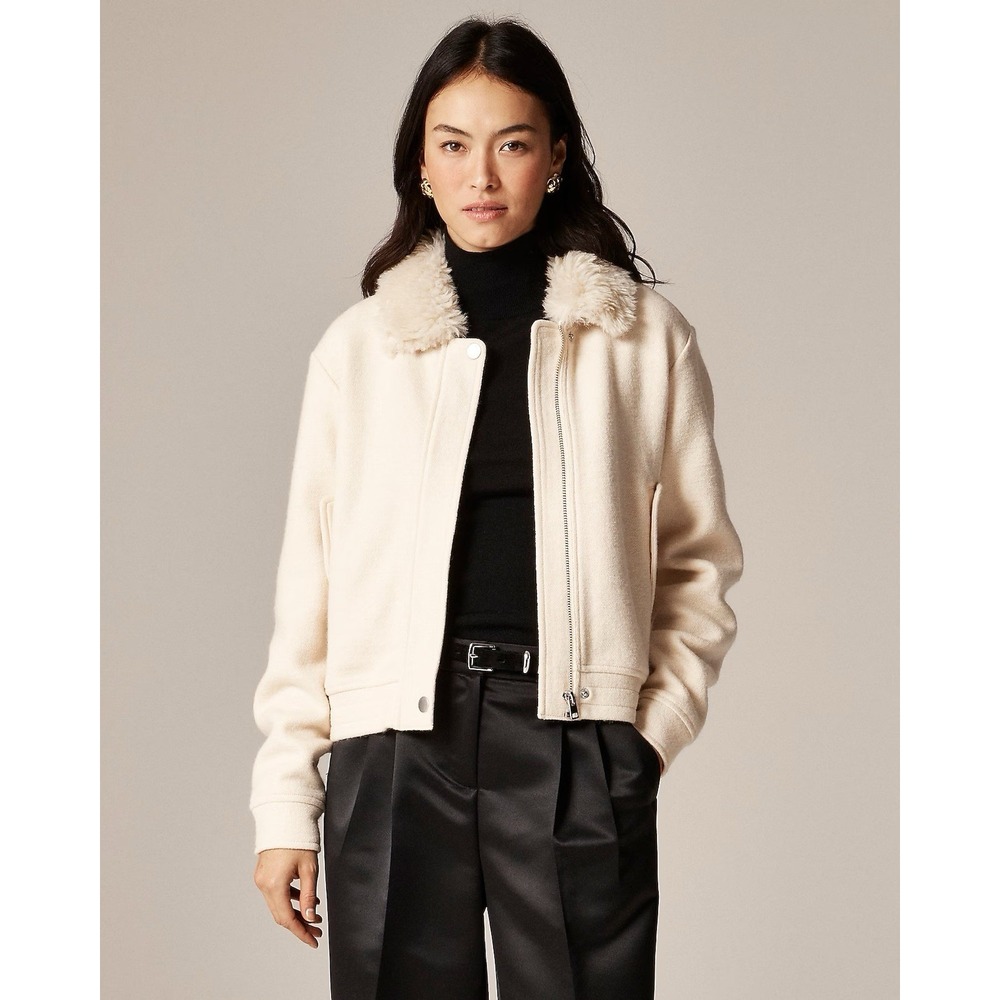 J. CREW Wool-blend flight jacket with faux-fur collar Natural Size L $228 CQ056